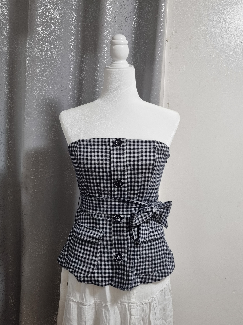 Eva Franco Anthropologie Gingham Strapless Belted Peplum Top Medium
